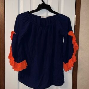 Women's Navy and Orange Ruffle Sleeve Top